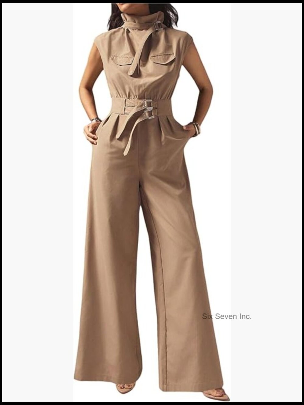 Sleeveless Mock Neck Belted Jumpsuit Wide Leg Long Pants Romper with Pocket